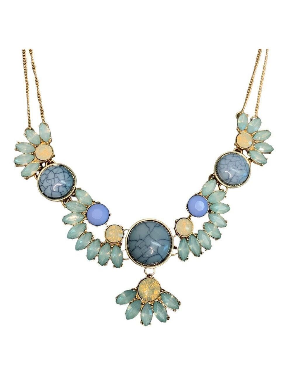 PASTEL marbled blue greenish opalescent rhinestone gem jewelled necklace